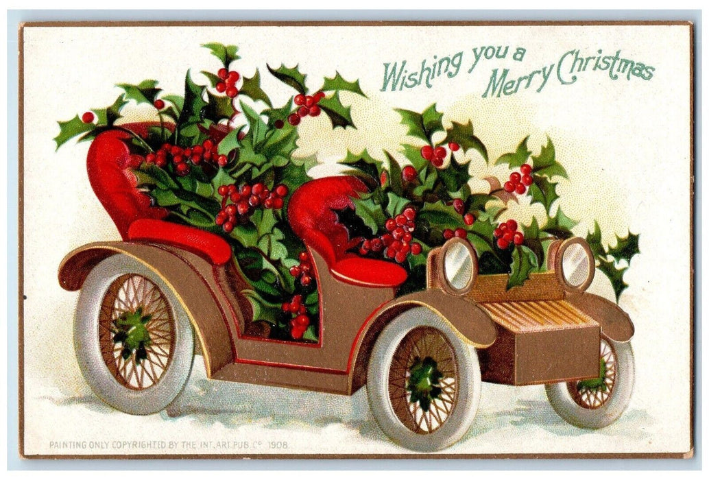 c1910's Christmas Car Decorated Holly Berries Clapsaddle (?) Embossed Postcard