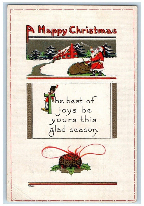 1917 Christmas Plum Pudding Santa Claus Sack Of Toys Pine Trees Antique Postcard