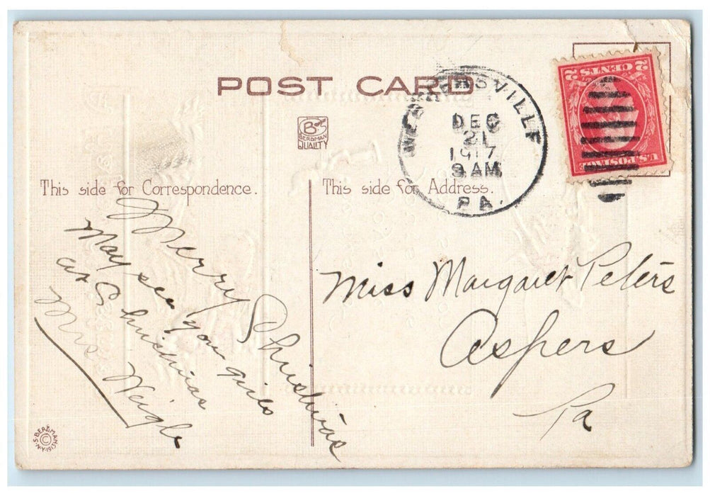 1917 Christmas Plum Pudding Santa Claus Sack Of Toys Pine Trees Antique Postcard