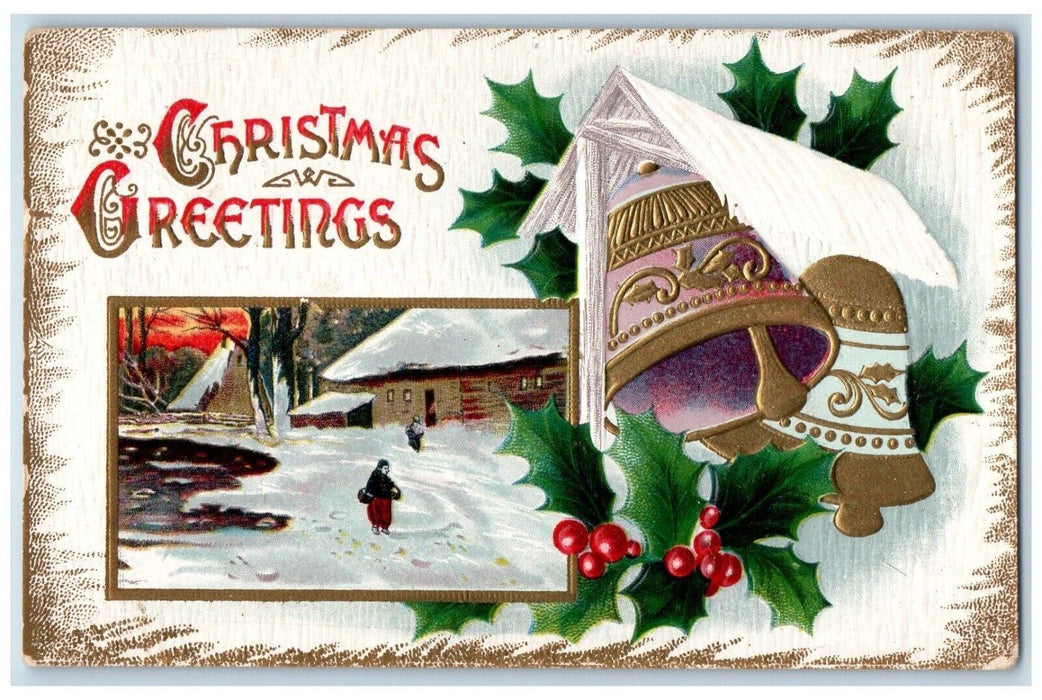 1910 Christmas Greetings Holly Berries Bells Winter Snow House Embossed Postcard