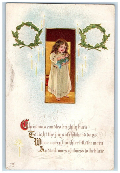 c1910's Christmas Holly Whreat Candles Little Girl Doll Embossed Posted Postcard