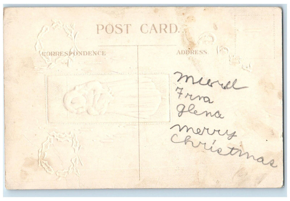 c1910's Christmas Holly Whreat Candles Little Girl Doll Embossed Posted Postcard