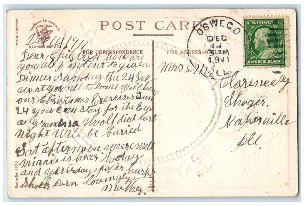 1911 Christmas Holly Berries Girl Champagne Clapsaddle (?) Embossed Postcard