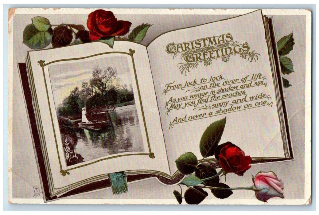 1911 Christmas Greetings Book Red Roses Canoeing Embossed Tuck's Posted Postcard