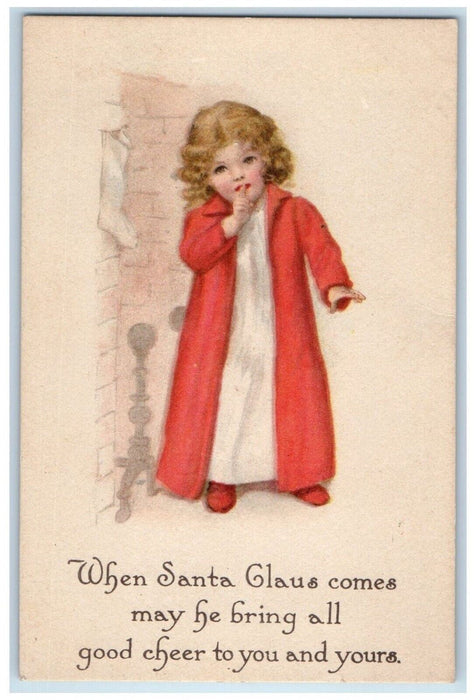 c1910's Christmas Little Girl Waiting To Santa Claus Stockings Antique Postcard