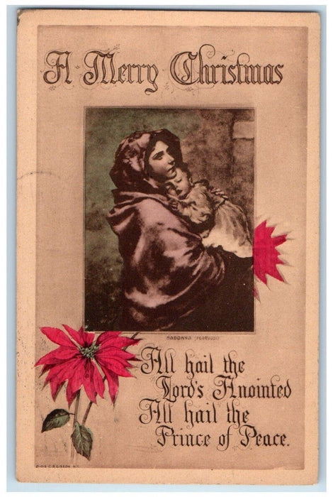 c1910's Christmas Madonna Poinsettia Flowers Religious Posted Antique Postcard