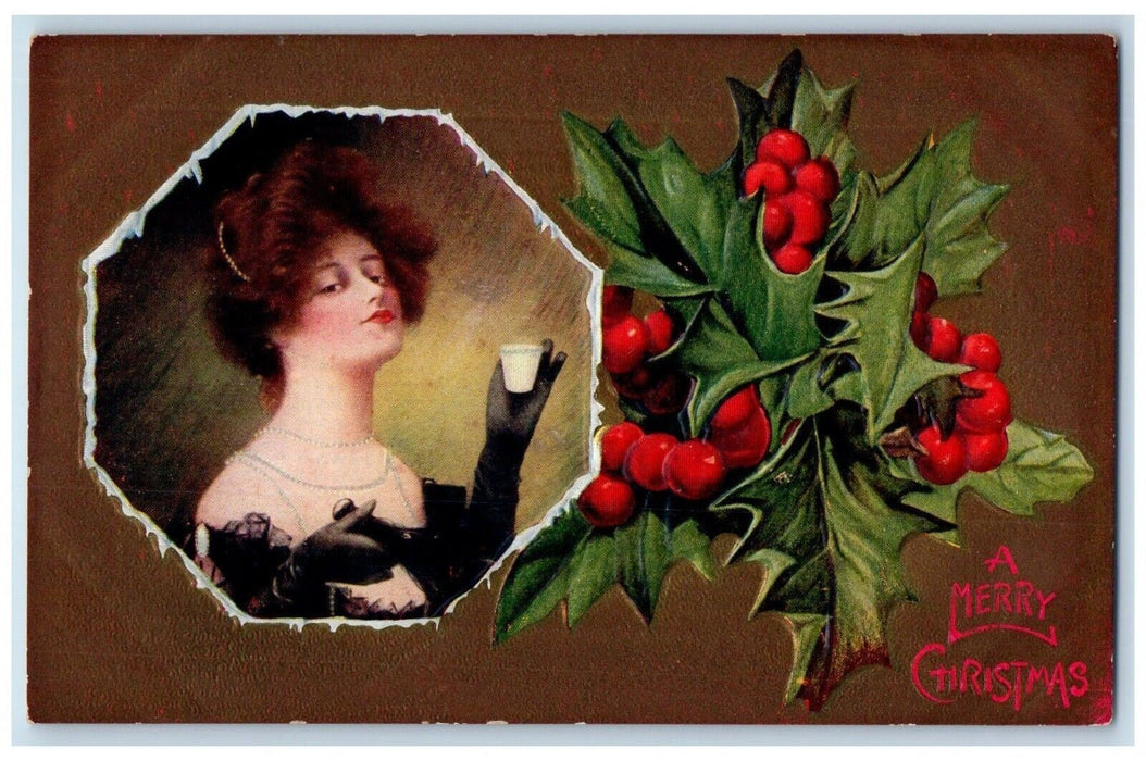 c1910's Christmas Pretty Victorian Girl Holly Berries Embossed Antique Postcard