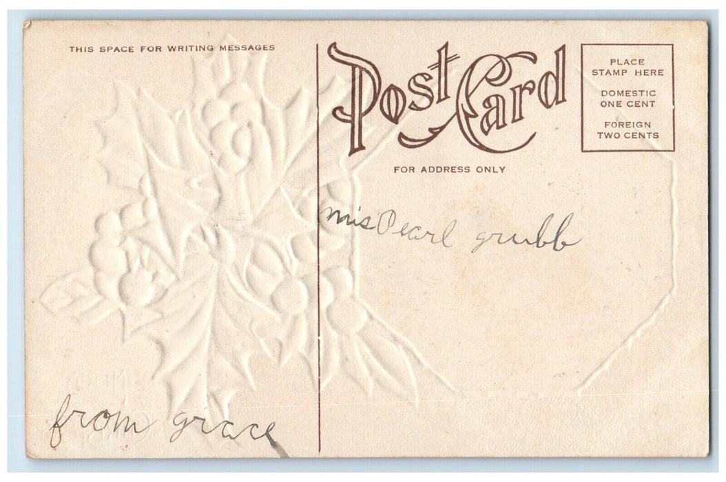 c1910's Christmas Pretty Victorian Girl Holly Berries Embossed Antique Postcard