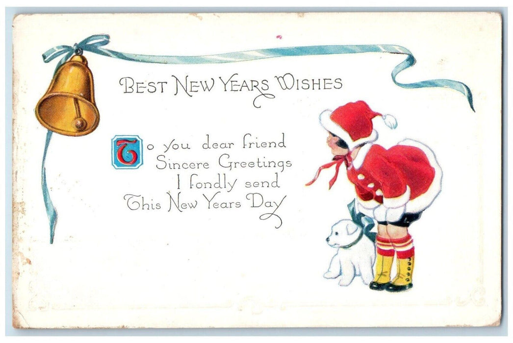 c1910's New Year Little Girl And Dog Bell Ribbon Embossed Antique Postcard