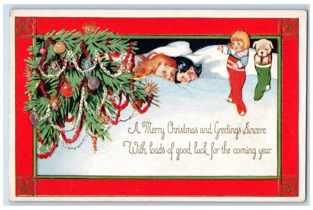 c1910's Christmas Greetings Babies In Bed Christmas Tree Stockings Postcard