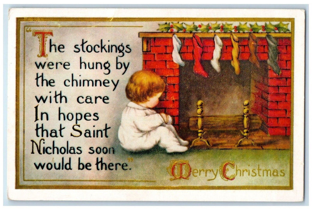 1937 Christmas Little Girl Fireplace Hanging Stockings Holly Embossed Postcard