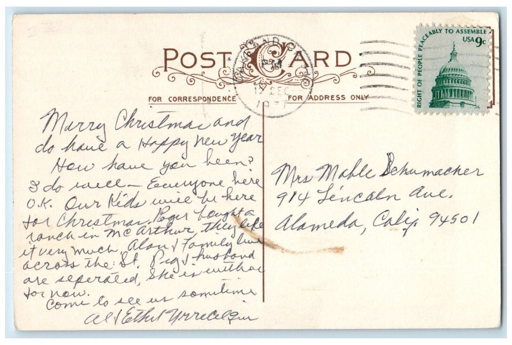 1937 Christmas Little Girl Fireplace Hanging Stockings Holly Embossed Postcard