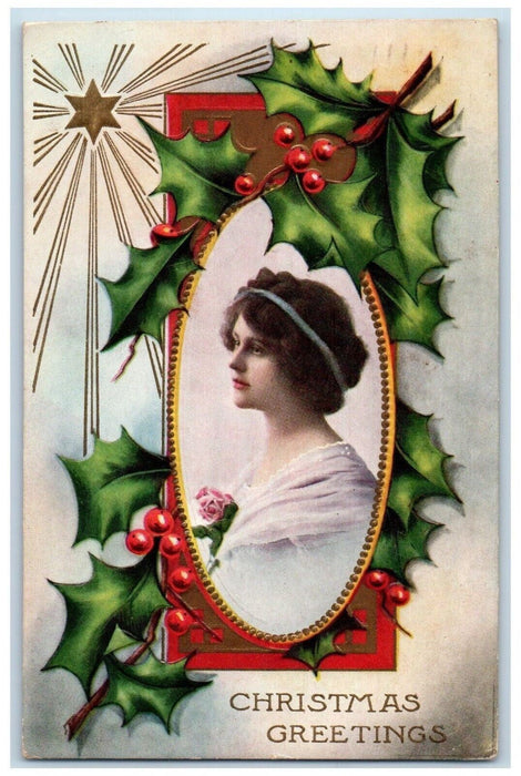 1912 Christmas Greetings Victorian Girl Holly Star Embossed Antique Postcard