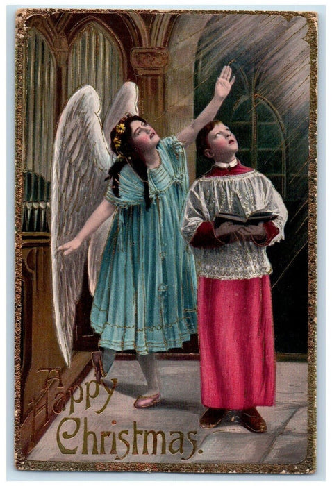 1913 Christmas Angel Priest Book Church Embossed Posted Antique Gel Postcard
