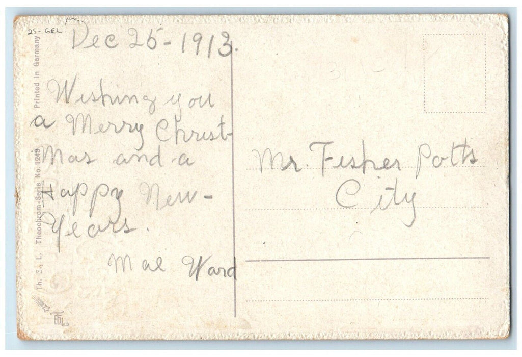 1913 Christmas Angel Priest Book Church Embossed Posted Antique Gel Postcard