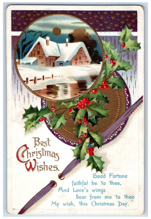 c1910's Christmas Good Fortune Holly House Winter Snow Clapsaddle (?) Postcard