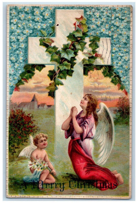 1911 Christmas Ivy Leaf Cross Angel Bended Knee Pansies Lily Flowers Postcard