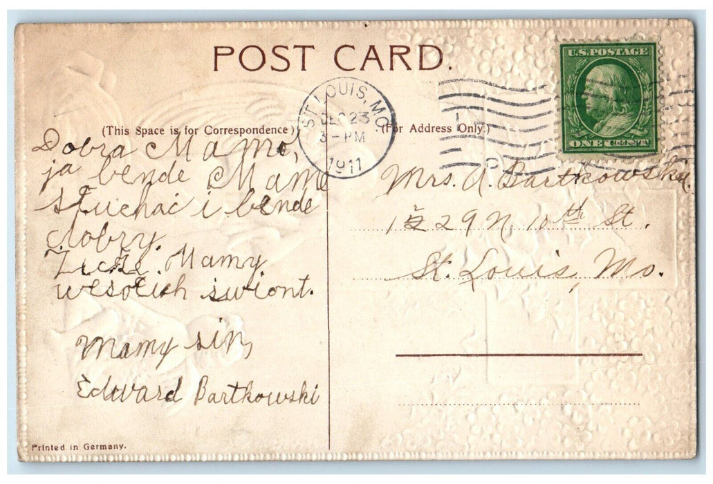 1911 Christmas Ivy Leaf Cross Angel Bended Knee Pansies Lily Flowers Postcard