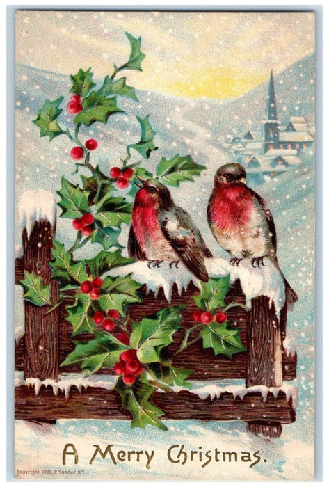 1907 Christmas Song Bird Holly Winter Snowfall P. Sander Woodbine IL Postcard
