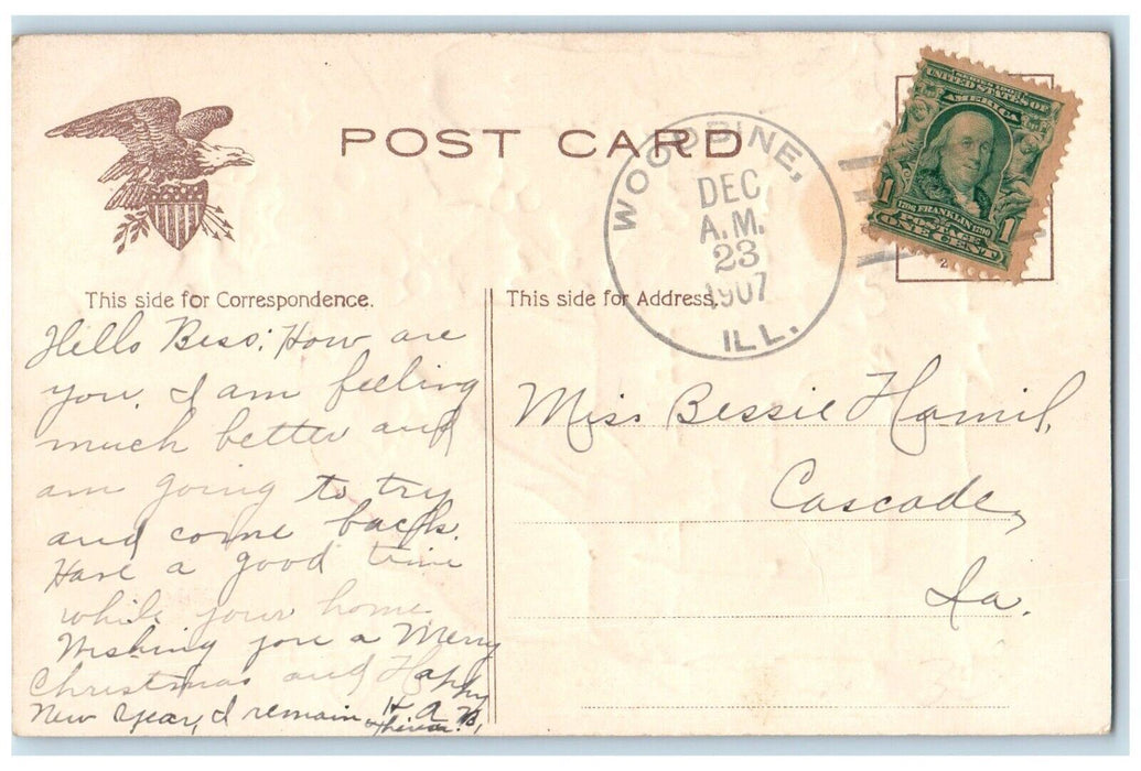 1907 Christmas Song Bird Holly Winter Snowfall P. Sander Woodbine IL Postcard