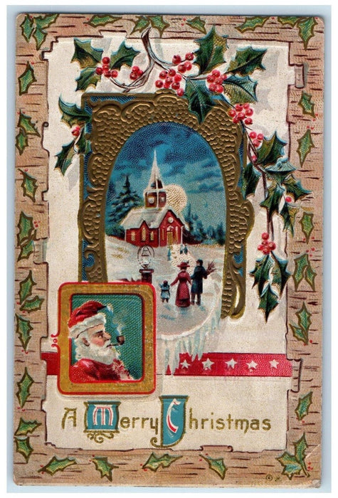 c1910's Christmas Santa Claus Pipe Cigar Smoke Holly Church Winter Postcard