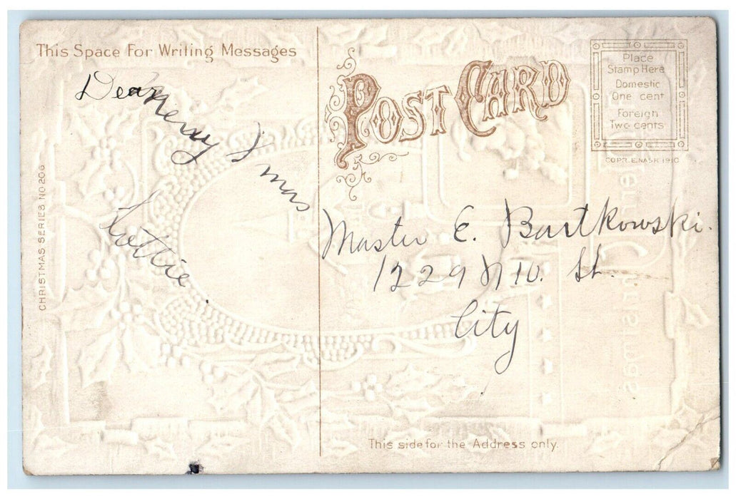 c1910's Christmas Santa Claus Pipe Cigar Smoke Holly Church Winter Postcard