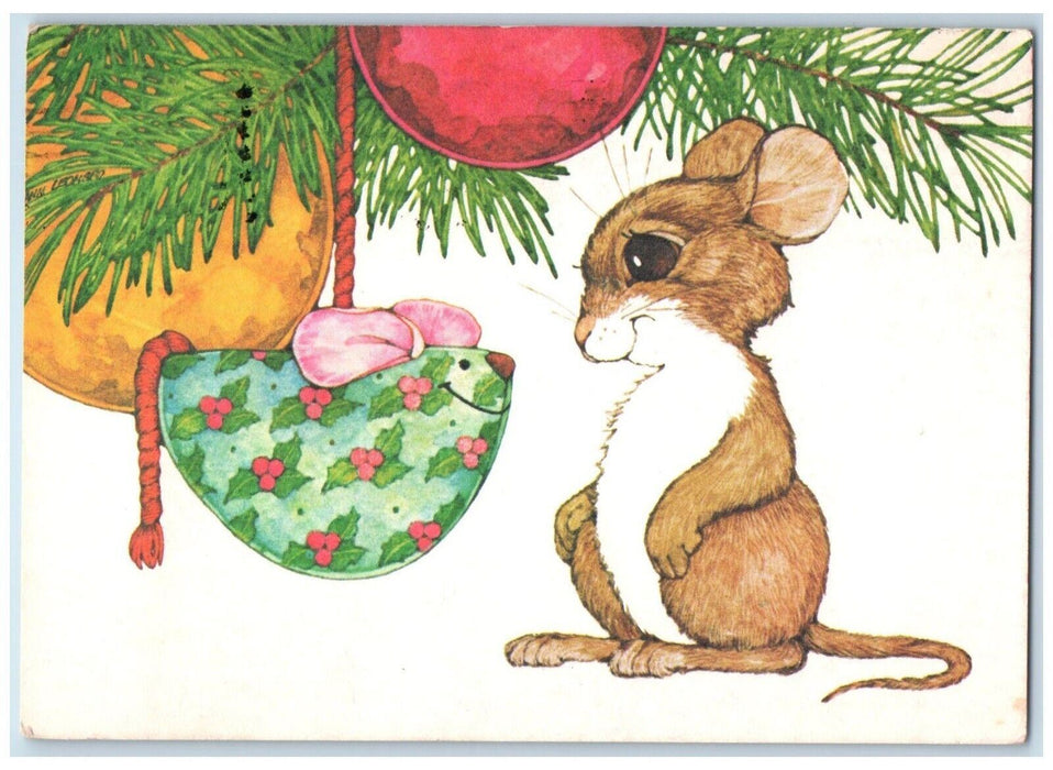 1981 Christmas Tree Balls Mushroom Rope Hanging Mouse Posted Antique Postcard