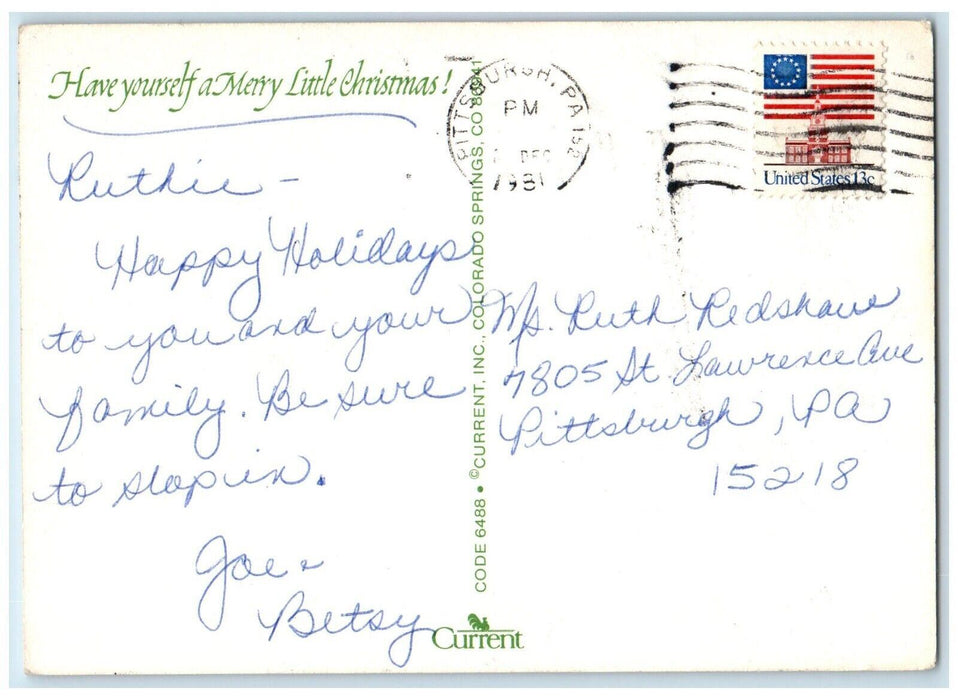 1981 Christmas Tree Balls Mushroom Rope Hanging Mouse Posted Antique Postcard