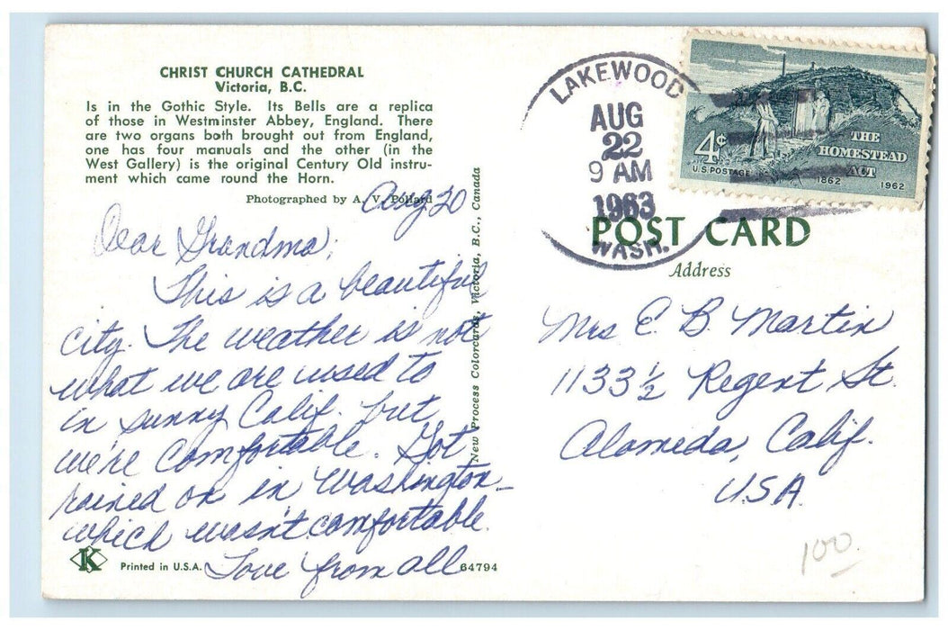 1963 View Of Christ Chruch Cathedral Victoria BC Canada Lakewood WA Postcard