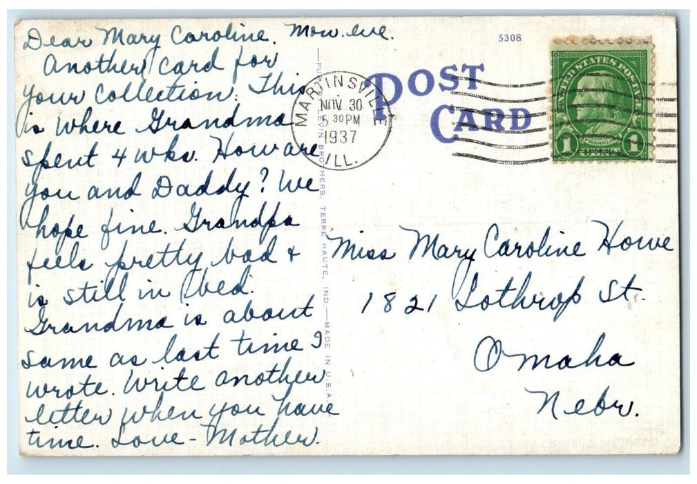 1937 ST. Anthony's Hospital Terre Haute Indiana IN, Martinsville IL Postcard
