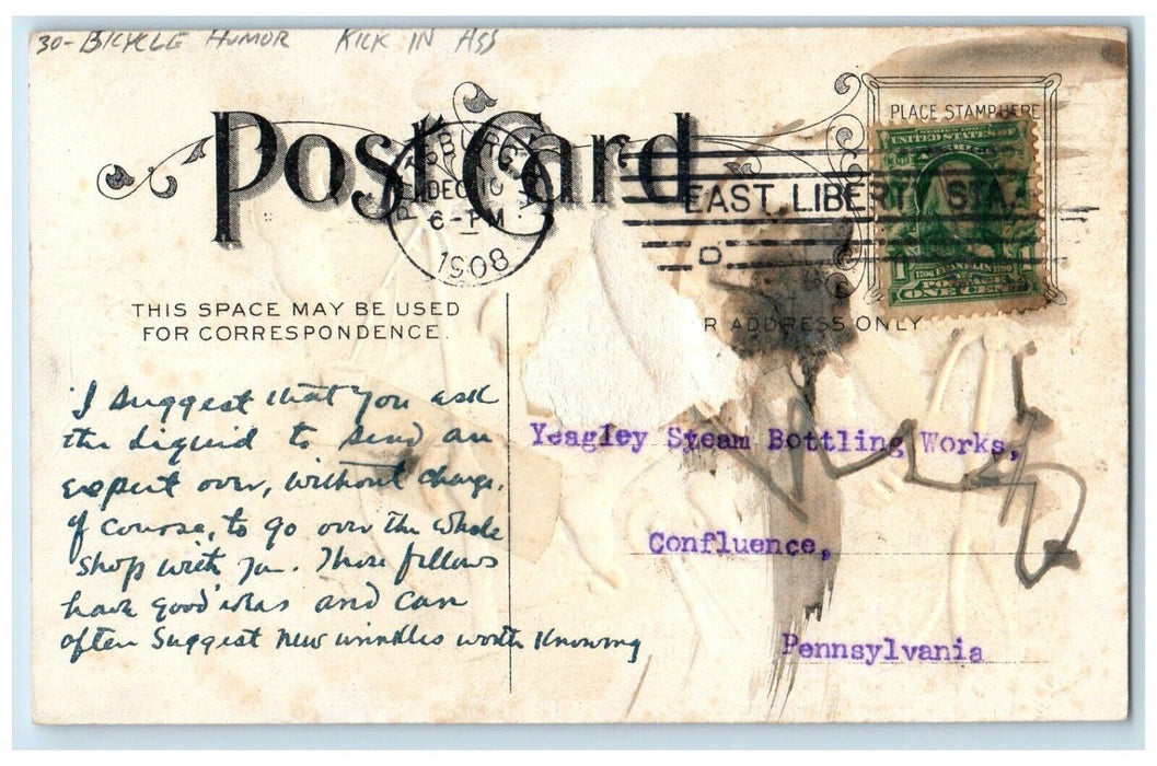 1908 Bicycle Humor Kick In Ass Shoes Embossed Pittsburg Pennsylvania PA Postcard