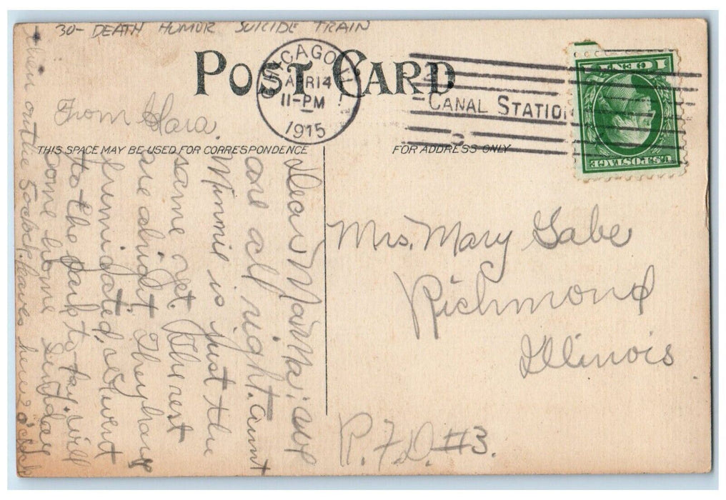 1915 Death Humor Suicide Train Chicago Illinois IL, P. Schmidt Antique Postcard