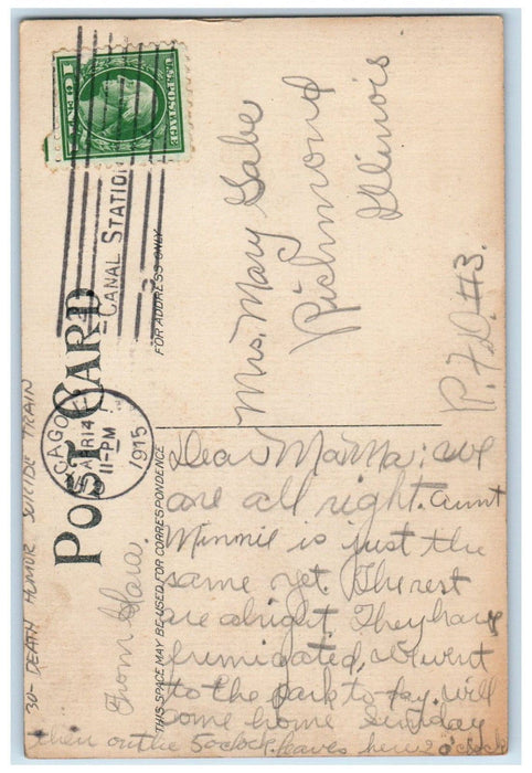 1915 Death Humor Suicide Train Chicago Illinois IL, P. Schmidt Antique Postcard