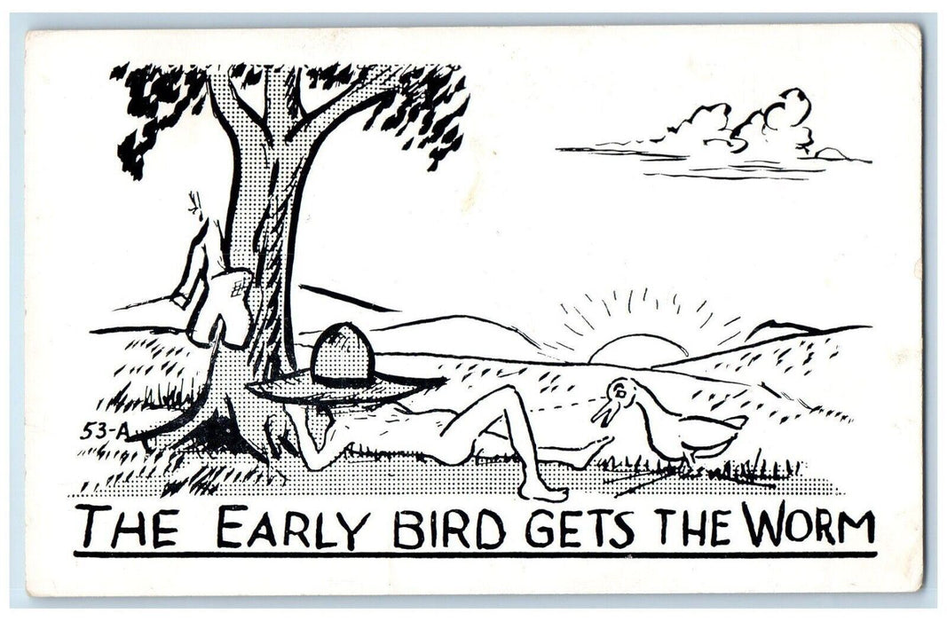 The Early Bird Gets The Worm Naked Man Risque Duck Unposted Vintage Postcard