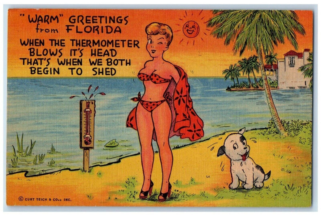 c1930's Girl Swimsuit At Beach Cute Dog Thermometer Unposted Vintage Postcard