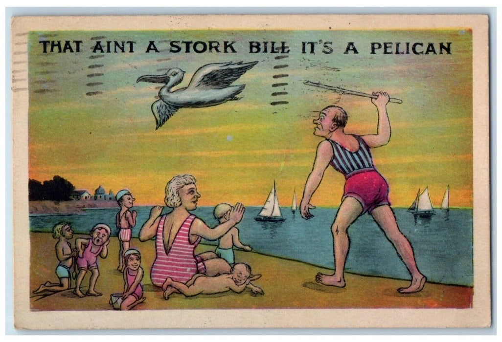 1943 Mother And Childrens Stork Bill Pelican Beach Boat Comic Humor Postcard