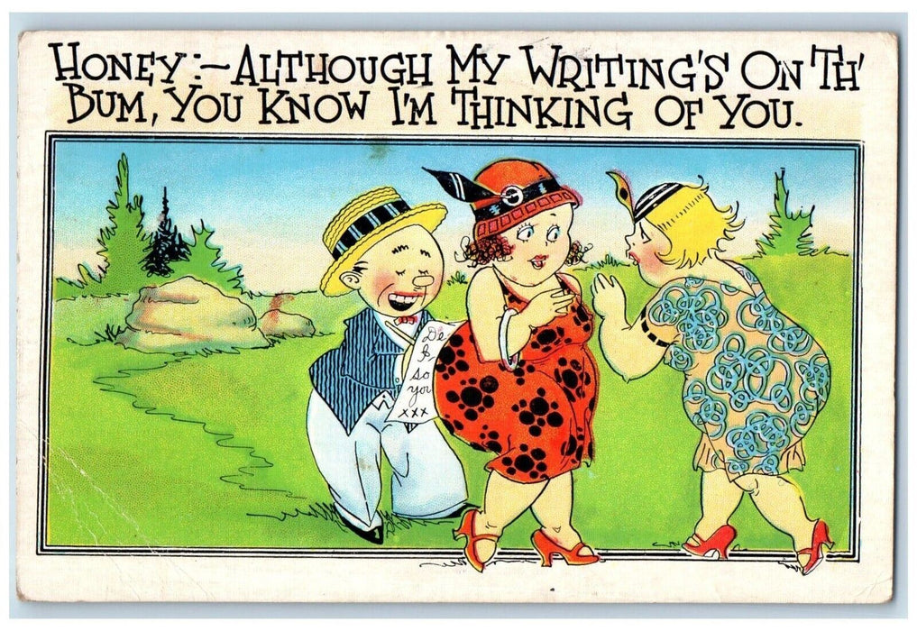 1937 Flapper Fashion Fat Girls Boy Writing At The Back Comic Humor Postcard