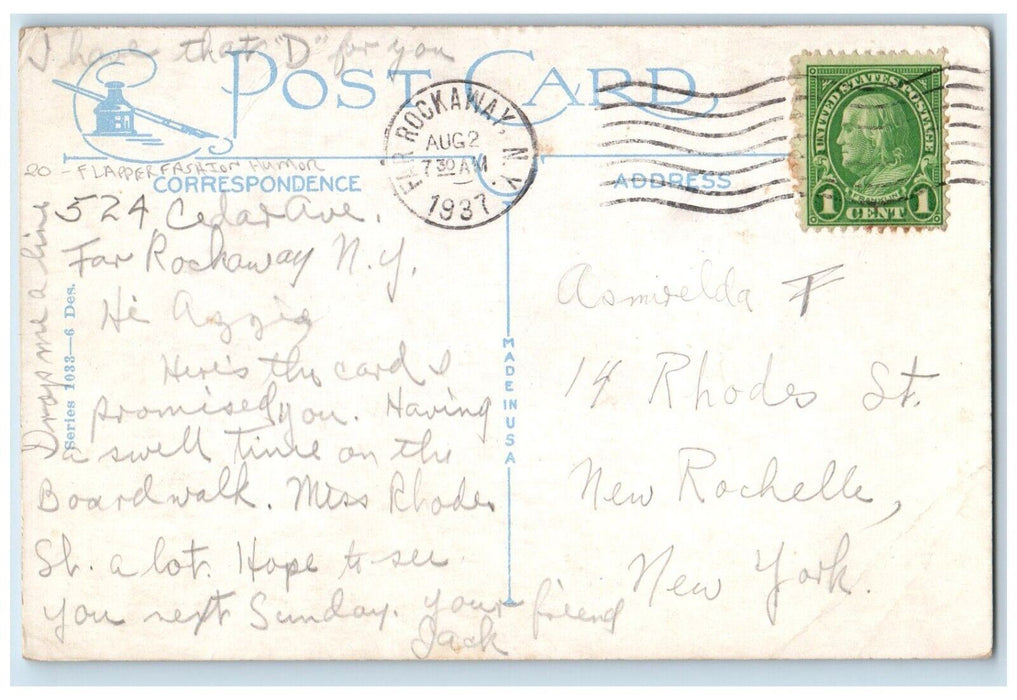 1937 Flapper Fashion Fat Girls Boy Writing At The Back Comic Humor Postcard