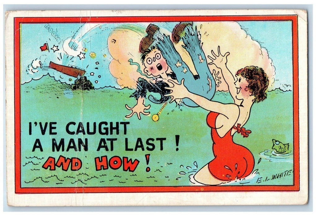 1936 Boat Crushed Girl Throw Boy E. L. White Comic Humor Milford CT Postcard