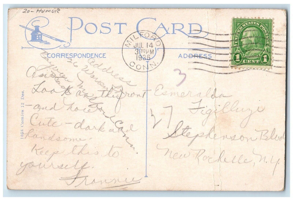 1936 Boat Crushed Girl Throw Boy E. L. White Comic Humor Milford CT Postcard