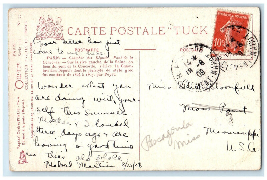 1909 Paris La Chambre Des Deputes Le Point Concorde Eiffel Tower Tuck Postcard
