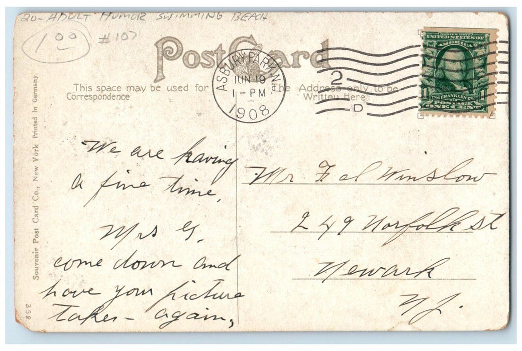 1908 Adult Humor Swimming Beach Asbury Park New Jersey NJ Antique Postcard