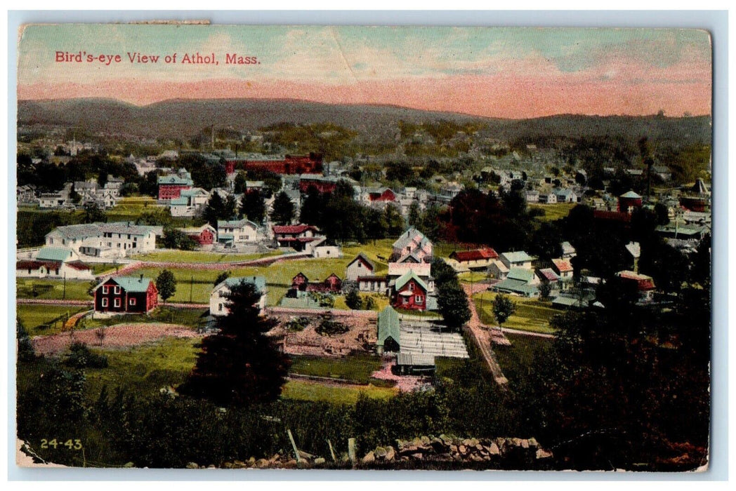 1913 Birds Eye View Town City Road Athol Massachusetts Vintage Antique Postcard