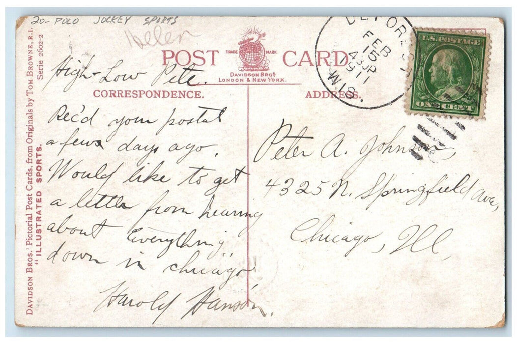 1911 Illustrated Polo Jockey Sports Horse Cowboy DeForest Wisconsin WI Postcard