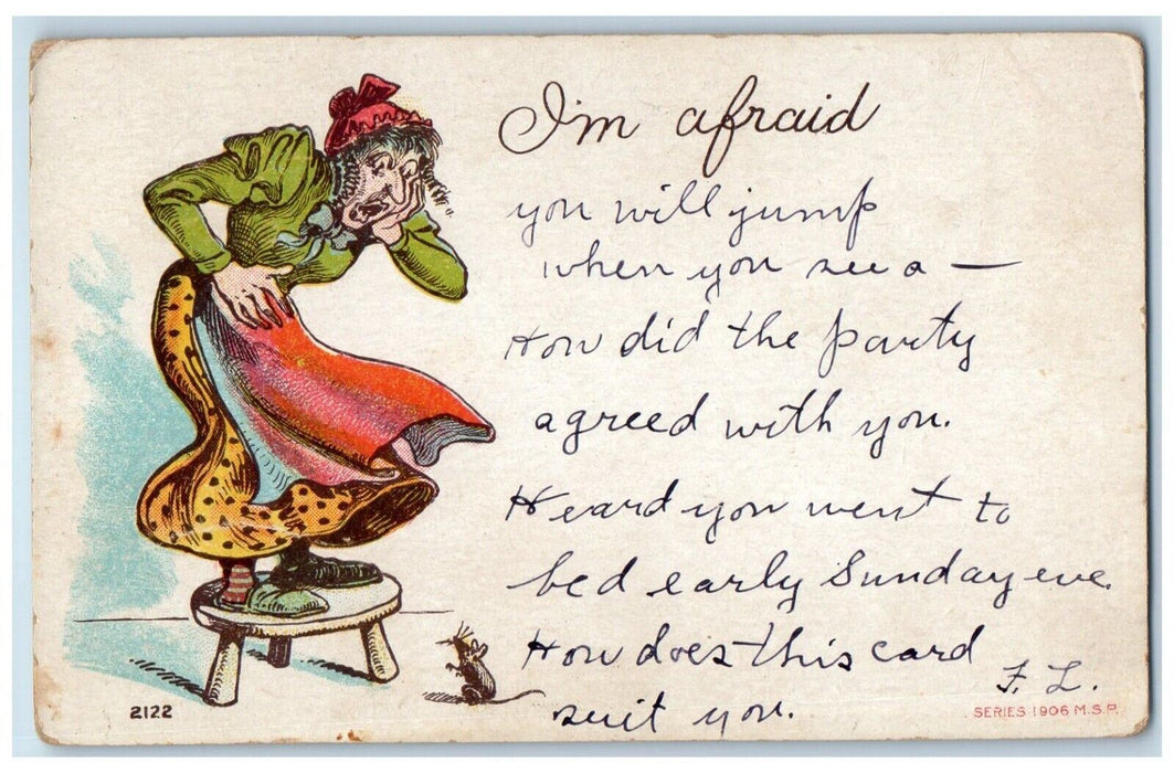 c1905 Grandma Standing Chair Scared To Mouse Write Away Posted Antique Postcard