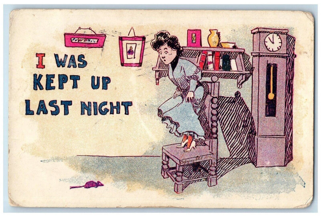 c1905 Write Away Girl Standing Chair Scared To Mouse Clock Antique Postcard