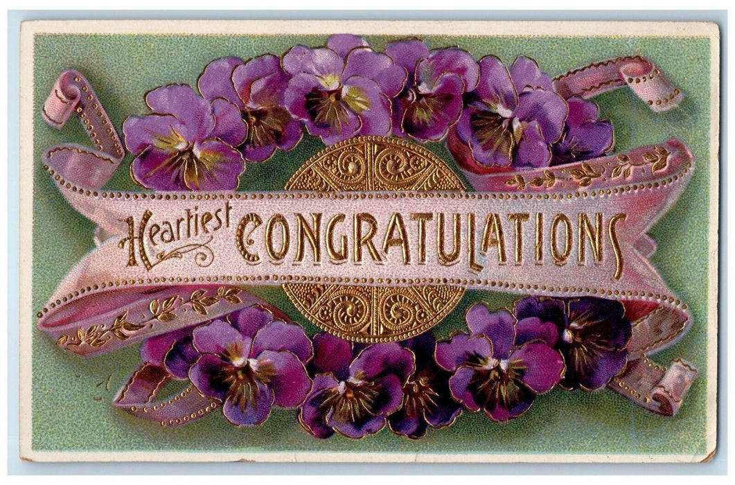 c1910's Heartiest Congratulations Pansies Flowers Gel Gold Gilt Antique Postcard