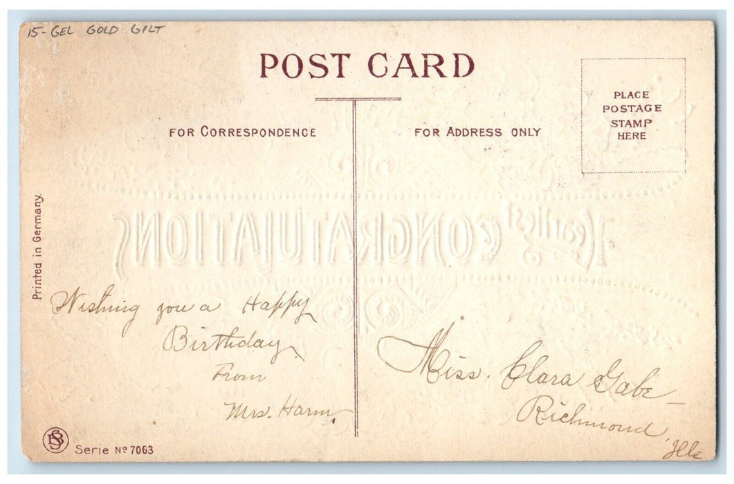 c1910's Heartiest Congratulations Pansies Flowers Gel Gold Gilt Antique Postcard