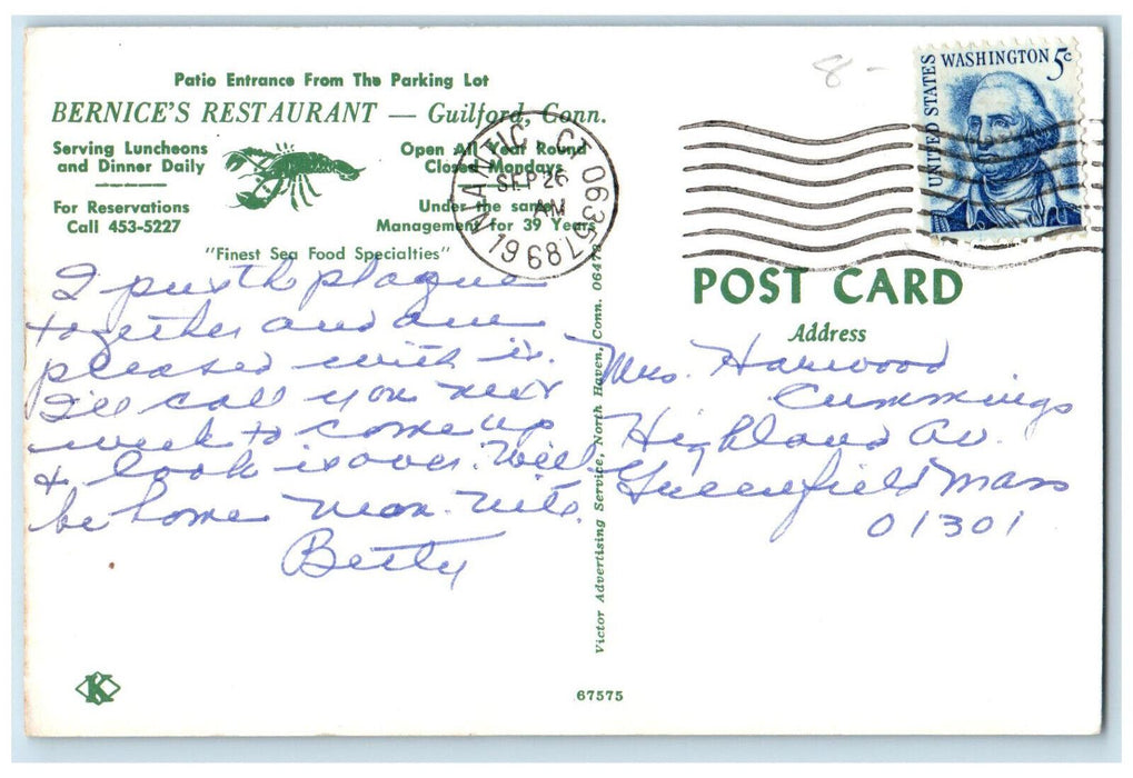 1968 Umbrella Chair Flowers Barnice's Restaurant Guilford CT Posted Postcard