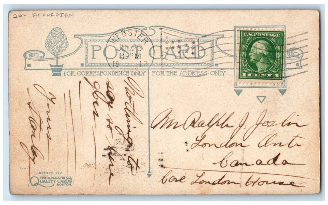 1912 Man Costume Pay Day Accordian Webster Massachusetts MA Antique Postcard